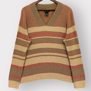 Lane Bryant‎ Sweater Women 22/24 Brown Stripes V-Neck Long Sleeve Knit E11